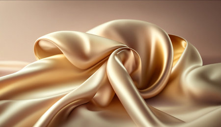 Gold silk fabric background texture abstract pattern. Luxury satin cloth 3d rendering illustration. Generative Ai.の素材