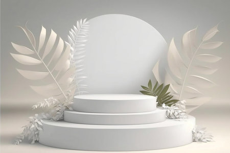 Tropical flowers 3D render of beige podium stand white background abstract. Generative Ai.の素材