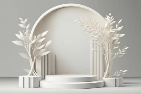 Tropical flowers 3D render of beige podium stand white background abstract. Generative Ai.の素材