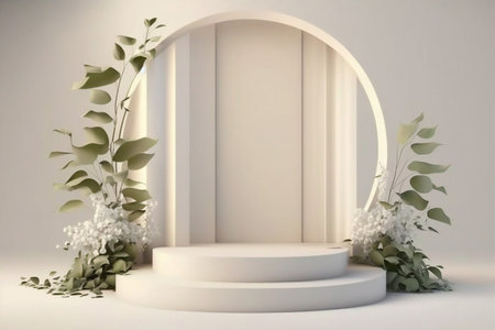 Tropical flowers 3D render of beige podium stand white background abstract. Generative Ai.の素材