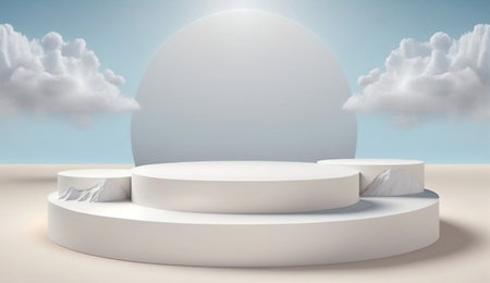 White summer beach background abstract design with blue sky clouds sun scene. Minimal cosmetic product display stand 3d rendering illustration. Generative Ai.の素材