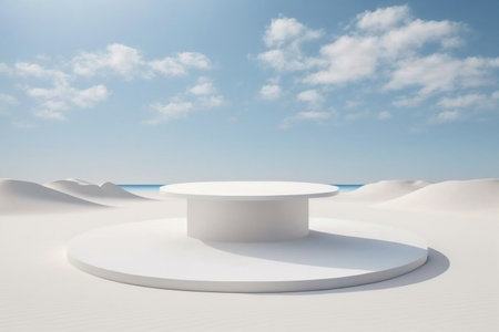 White summer beach background abstract design with blue sky clouds sun scene. Minimal cosmetic product display stand 3d rendering illustration. Generative Ai.の素材