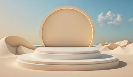 Summer beach background abstract design with blue sky clouds sun scene. Minimal cosmetic product display stand 3d rendering illustration. Generative Ai.の素材