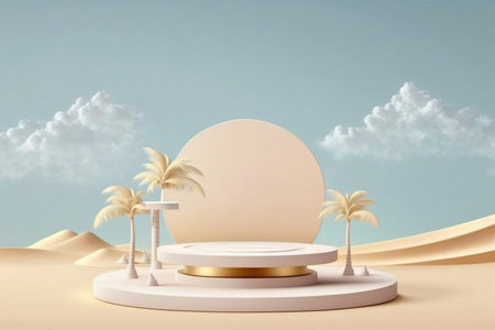 Summer beach background abstract design with blue sky clouds sun scene. Minimal cosmetic product display stand 3d rendering illustration. Generative Ai.の素材