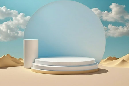 Summer beach background abstract design with blue sky clouds sun scene. Minimal cosmetic product display stand 3d rendering illustration. Generative Ai.の素材
