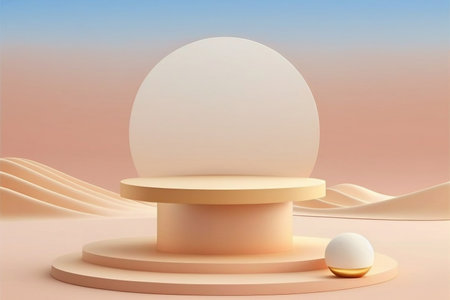 Summer beach background abstract design with blue sky clouds sun scene. Minimal cosmetic product display stand 3d rendering illustration. Generative Ai.の素材