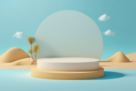 Summer beach background abstract design with blue sky clouds sun scene. Minimal cosmetic product display stand 3d rendering illustration. Generative Ai.の素材