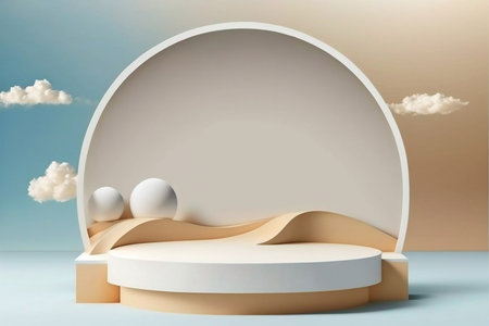 Summer beach background abstract design with blue sky clouds sun scene. Minimal cosmetic product display stand 3d rendering illustration. Generative Ai.の素材