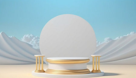 Summer beach background abstract design with blue sky clouds sun scene. Minimal cosmetic product display stand 3d rendering illustration. Generative Ai.の素材