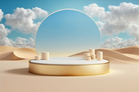 Summer beach background abstract design with blue sky clouds sun scene. Minimal cosmetic product display stand 3d rendering illustration. Generative Ai.の素材