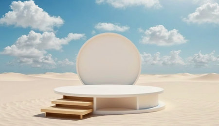 Summer beach background abstract design with blue sky clouds sun scene. Minimal cosmetic product display stand 3d rendering illustration. Generative Ai.の素材