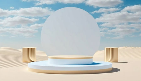 Summer beach background abstract design with blue sky clouds sun scene. Minimal cosmetic product display stand 3d rendering illustration. Generative Ai.の素材