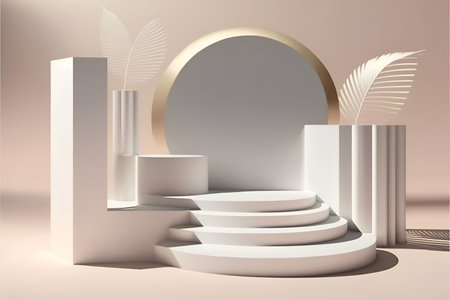 Podium isolated on white background scene for pedestal winner, product display stand. 3D rendering of Generative Ai in studio room.の素材