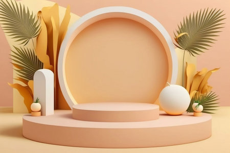 Summer sale orange background abstract design. Minimal cosmetic product display stand 3d rendering illustration. Generative Ai.の素材