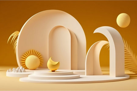 Summer sale orange background abstract design. Minimal cosmetic product display stand 3d rendering illustration. Generative Ai.の素材