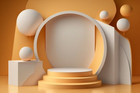 Summer sale orange background abstract design. Minimal cosmetic product display stand 3d rendering illustration. Generative Ai.の素材