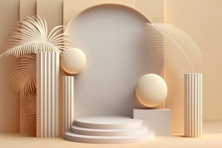 Summer sale orange background abstract design. Minimal cosmetic product display stand 3d rendering illustration. Generative Ai.の素材