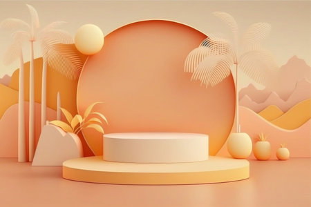 Summer sale orange background abstract design. Minimal cosmetic product display stand 3d rendering illustration. Generative Ai.の素材