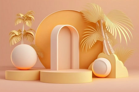 Summer sale orange background abstract design. Minimal cosmetic product display stand 3d rendering illustration. Generative Ai.の素材