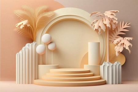 Summer sale orange background abstract design. Minimal cosmetic product display stand 3d rendering illustration. Generative Ai.の素材