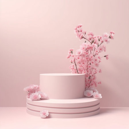 Pink background flowers 3D render of pastel podium stand abstract.の素材