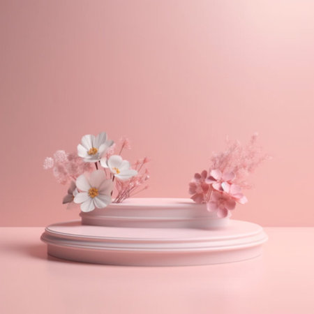 Pink background flowers 3D render of pastel podium stand abstract. Generative Ai.の素材