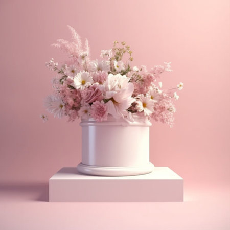 Pink background flowers 3D render of pastel podium stand abstract. Generative Ai.の素材