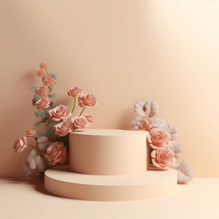 Rose flower 3D rendering of minimal beige background with podium stand. Generative Ai.の素材