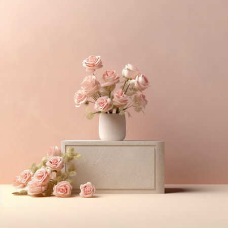 Rose flower 3D rendering of minimal beige background with podium stand. Generative Ai.の素材