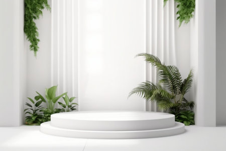 Tropical leaves podium isolated on white background abstract. summer product display 3D rendering illustration. Generative Ai.の素材