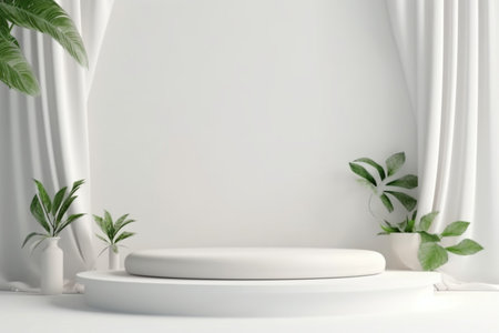 Tropical leaves podium isolated on white background abstract. summer product display 3D rendering illustration. Generative Ai.の素材