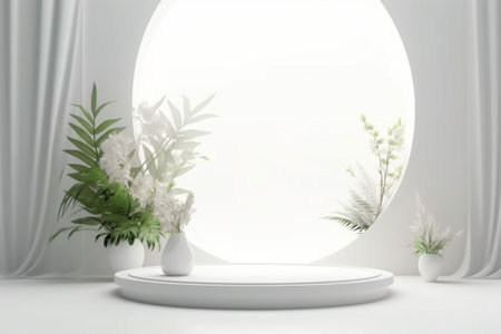 Tropical leaves podium isolated on white background abstract. summer product display 3D rendering illustration. Generative Ai.の素材