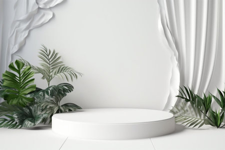 Tropical leaves podium isolated on white background abstract. summer product display 3D rendering illustration. Generative Ai.の素材