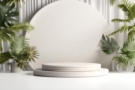 Tropical leaves podium isolated on white background abstract. summer product display 3D rendering illustration. Generative Ai.の素材