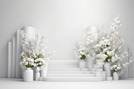 White flowers 3D render of empty podium isolated on White background abstract for display product. Generative Ai.の素材