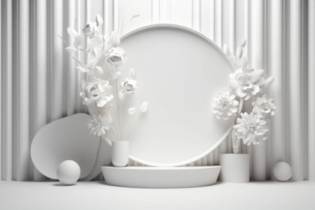 White flowers 3D render of empty podium isolated on White background abstract for display product. Generative Ai.の素材