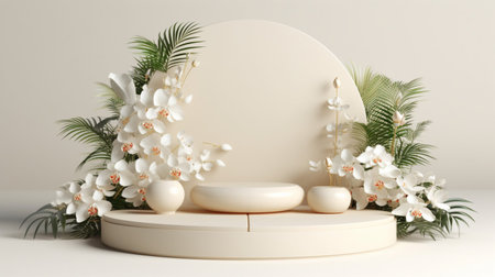 Flower bouquet 3D render illustration of empty podium stand beige background abstract for display stand, nature cosmetic products. Generative Ai.の素材