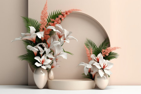 Flower bouquet 3D render illustration of empty podium stand beige background abstract for display stand, nature cosmetic products. Generative Ai.の素材