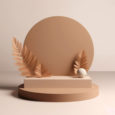 Brown 3D rendering of podium stand on beige background nature. Generative Ai.の素材