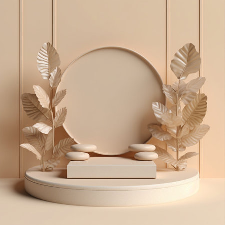 Brown 3D rendering of podium stand on beige background nature. Generative Ai.の素材