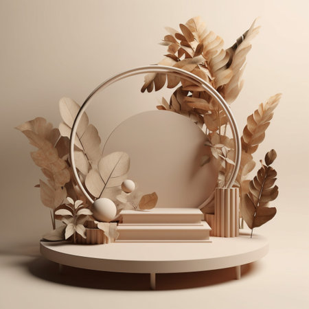 Brown 3D rendering of podium stand on beige background nature. Generative Ai.の素材