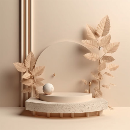 Brown 3D rendering of podium stand on beige background nature. Generative Ai.の素材