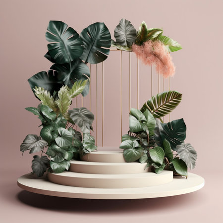 Tropical leaves on green background. Podium stand 3d rendering illustration for product. Generative Ai.の素材