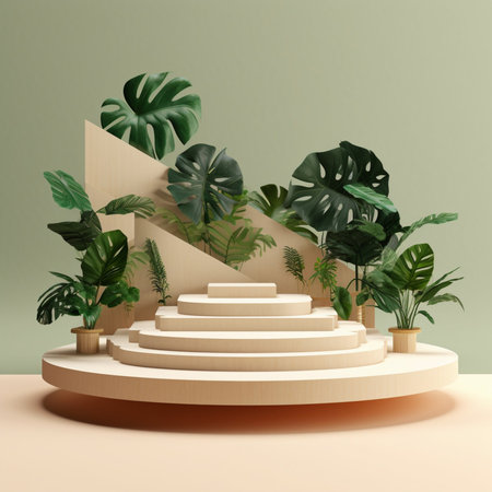 Tropical leaves on green background. Podium stand 3d rendering illustration for product. Generative Ai.の素材