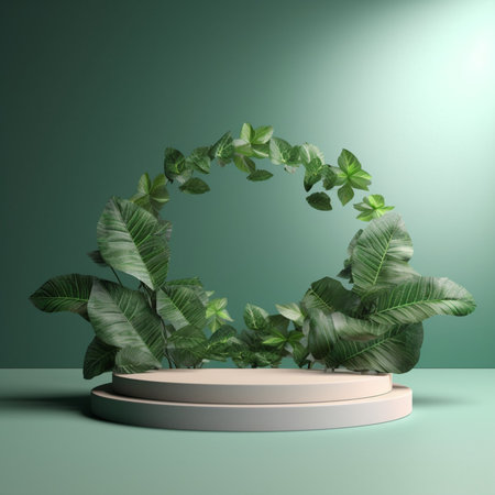 Tropical leaves on green background. Podium stand 3d rendering illustration for product. Generative Ai.の素材