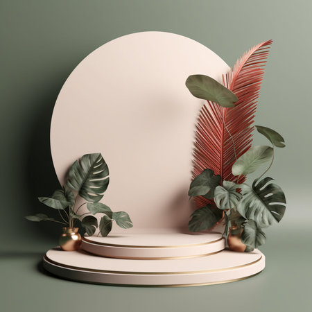 Tropical leaves on green background. Podium stand 3d rendering illustration for product. Generative Ai.の素材