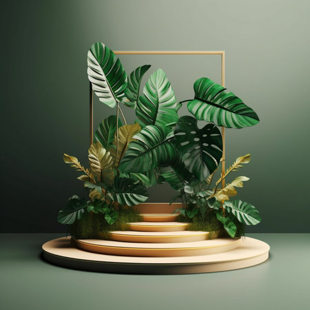 Tropical leaves on green background. Podium stand 3d rendering illustration for product. Generative Ai.の素材