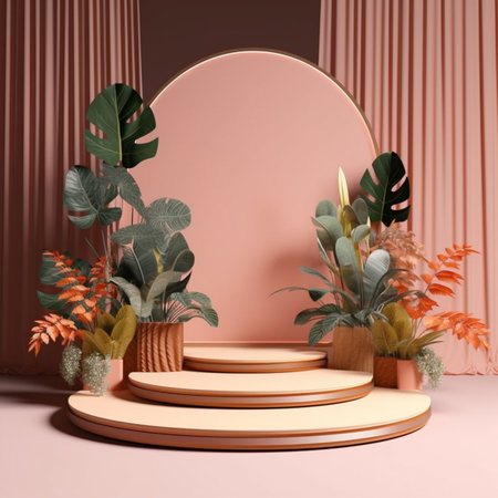 Tropical leaves on green background. Podium stand 3d rendering illustration for product. Generative Ai.の素材