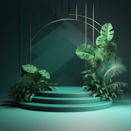 Green background Tropical leaves. Nature 3d rendering illustration for podium product presentation. Generative Ai.の素材