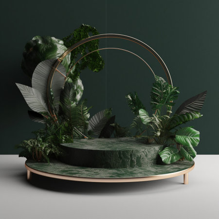 Green background Tropical leaves. Nature 3d rendering illustration for podium product presentation. Generative Ai.の素材